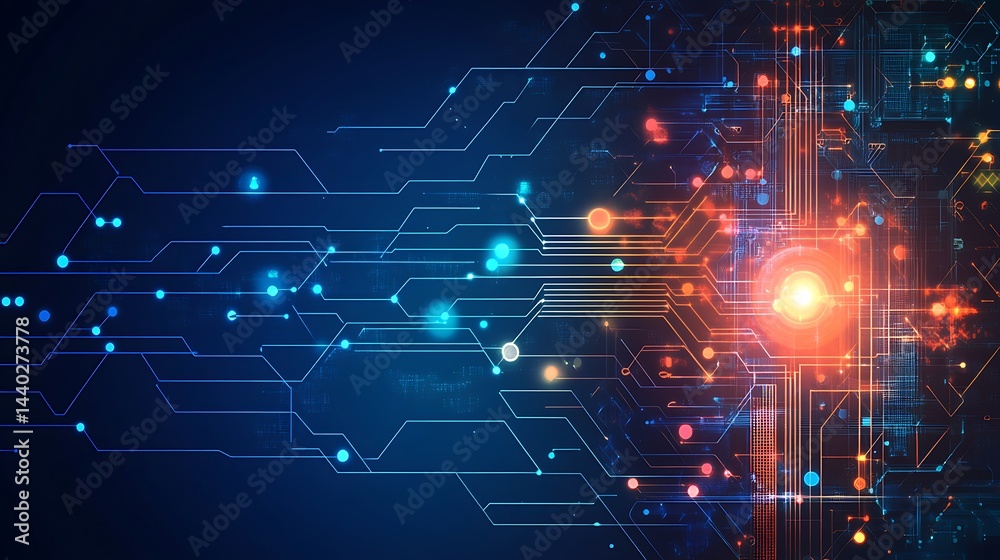 Complex circuit board design with luminous connections. Complex circuit board design with luminous connections.