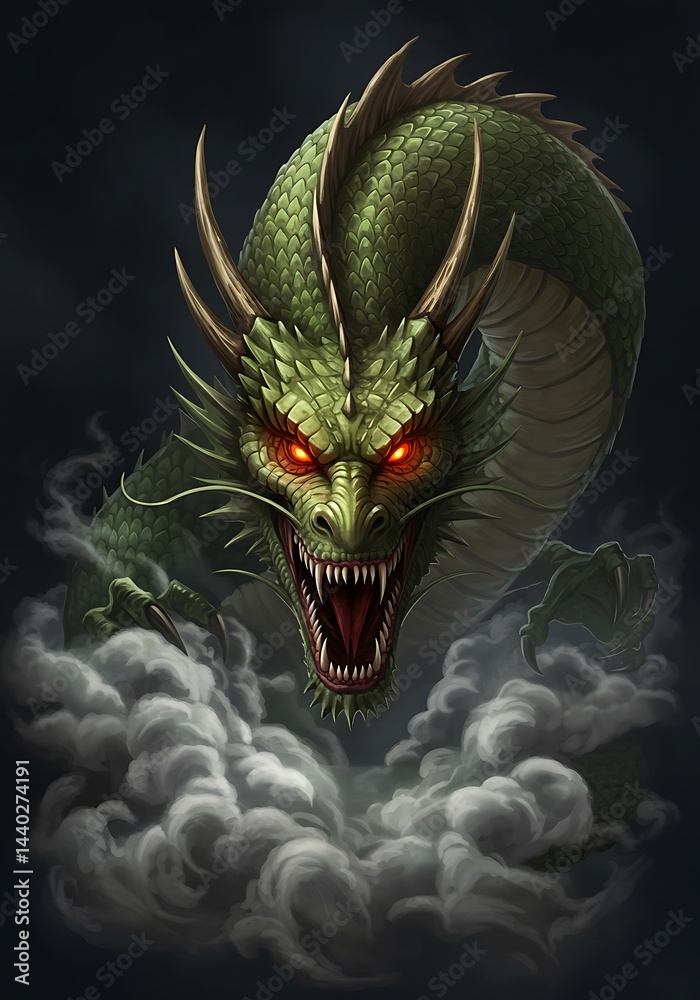 Powerful Green Dragon Roaring in Smoky Clouds