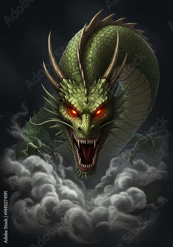 Obraz na płótnie Powerful Green Dragon Roaring in Smoky Clouds w salonie