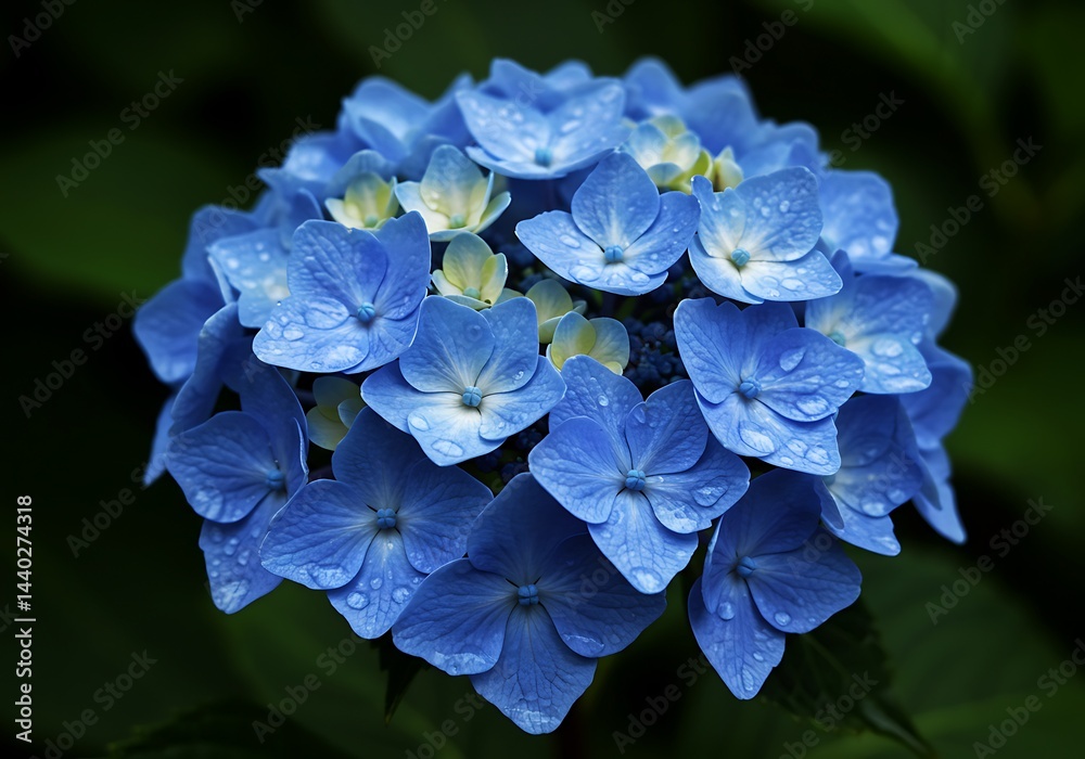 Close-up of a vibrant blue hydrangea flower head with water droplets.
