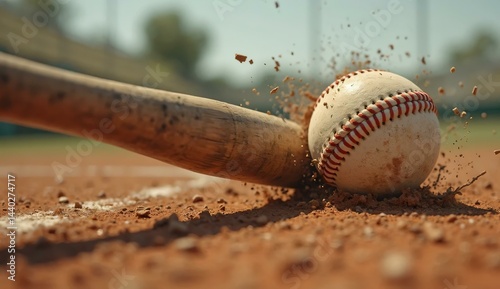 Close-up of a baseball bat striking a ball on a dirt field, propelling dust and debris into the air, highlighting the sport's intensity.