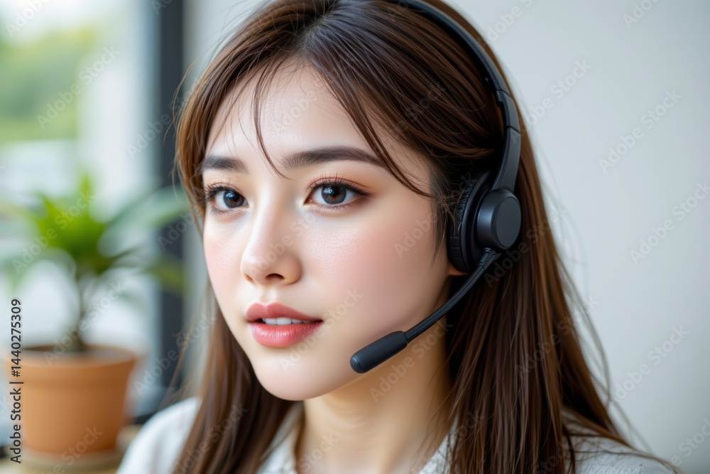 Female Customer Service Agent with Headset in Modern Office Setting Female Customer Service Agent with Headset in Modern Office Setting