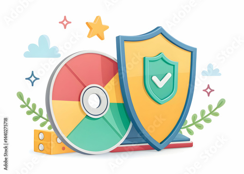 Colorful Security Shield and Data Disc Representing Cyber Protection