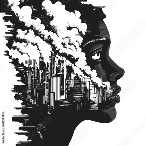 Portrait of a woman reflecting on environmental issues with a city skyline and smoke background, vector
