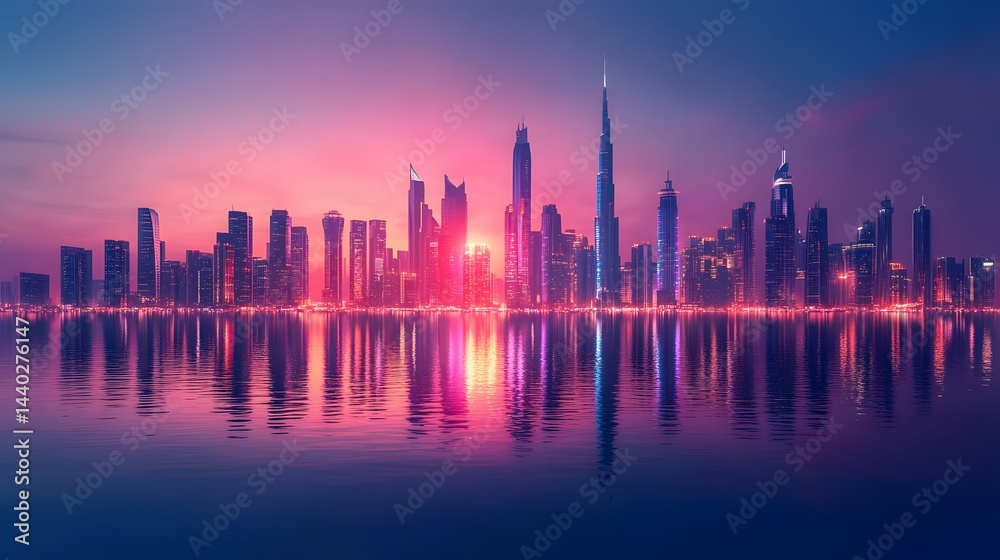 Fototapeta premium 3D rendering of a futuristic city skyline with neon lights at dusk