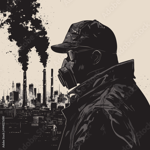 a power plant meltdown with radioactive fallout, Dramatic illustration of a man in a gas mask gazing at a power plant meltdown with visible radioactive fallout

