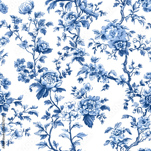 Blue and white french floral seamless pattern on a white background