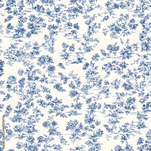 Blue and white french floral seamless pattern on a white background