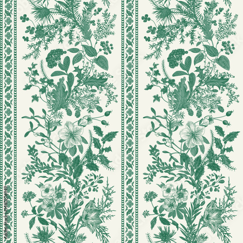 Seamless christmas pattern. Winter flora. Climbing floral vertical stripes. Emerald and white.