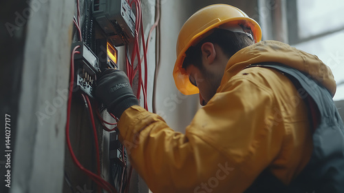 Obraz na płótnie Electrician Working on Electrical Panel w salonie