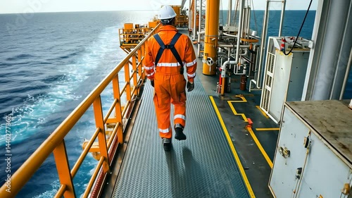 Worker in Orange Suit Walking on Ship Deck Near Ocean Waves
