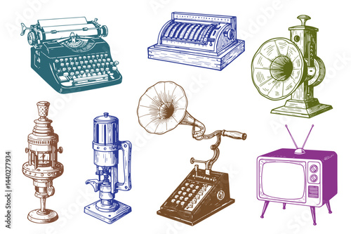 vintage engraving illustration of old-fashioned devices including typewriters, televisions, phonographs, and mechanical machines.