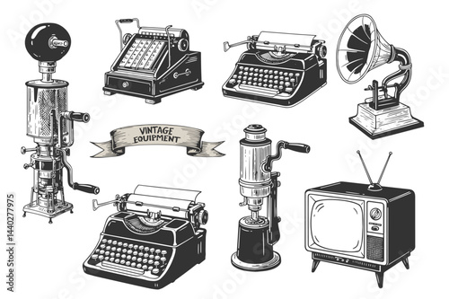 vintage engraving illustration of old-fashioned devices including typewriters, televisions, phonographs, and mechanical machines.
