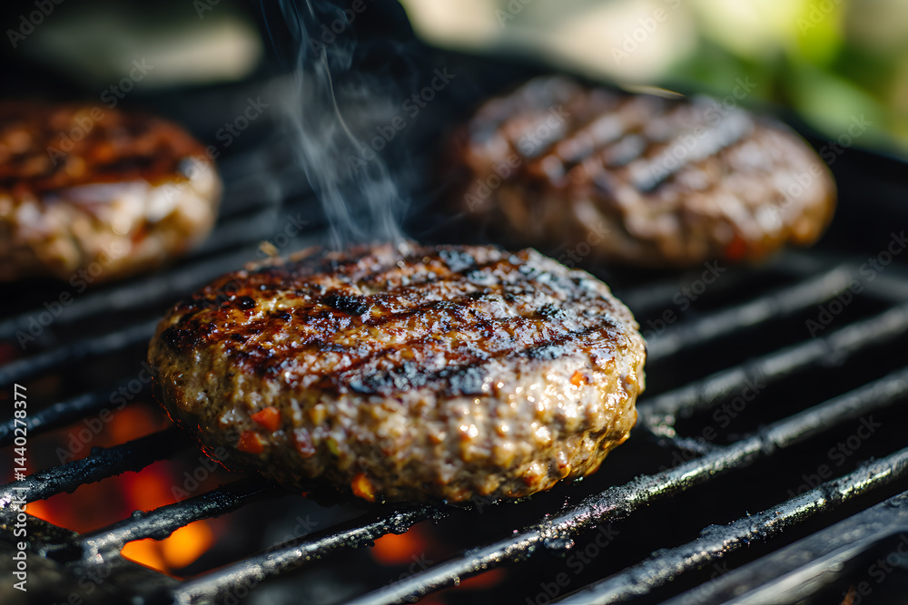 Close up of a vegetarian burger cooking on a grill commercial food photo Close up of a vegetarian burger cooking on a grill commercial food photo