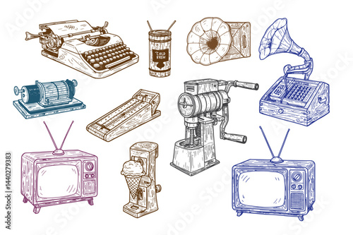 vintage engraving illustration of old-fashioned devices including typewriters, televisions, phonographs, and mechanical machines.