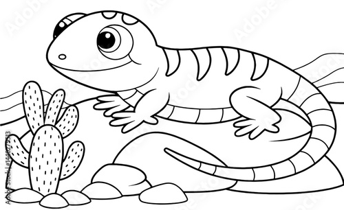 Cute African Lizard Coloring Page for Kids, Big-Eyed Reptile on a Rock with Cactus, Desert Animal Line Art, Printable Coloring Sheet

