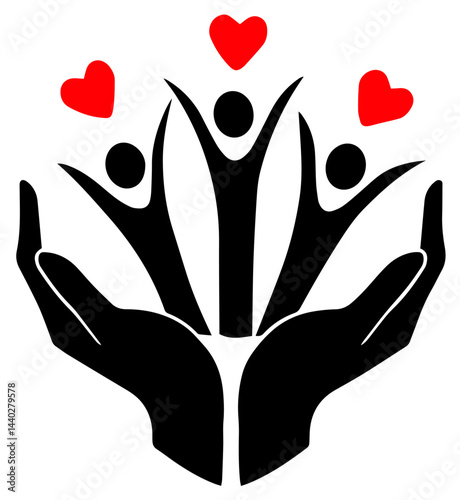 Hands Holding People with Red Hearts Above, Care, Support, Community, Charity, Love, Family Protection, Social Responsibility, Volunteerism and Humanity

