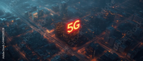 Nighttime cityscape featuring prominent building illuminated with glowing 5G sign, surrounded by network of streets and urban structures, creating vibrant and futuristic atmosphere
