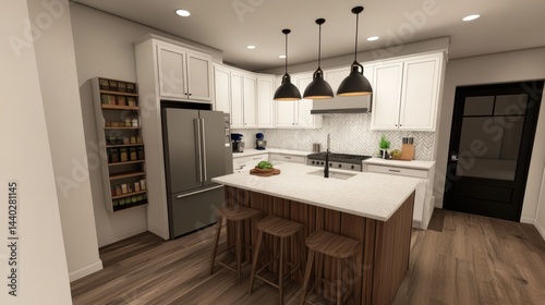 Contemporary kitchen featuring pull-out pantry next to island