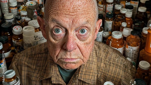 Elderly Man Surrounded by Prescription Medication Bottles in Cluttered Space