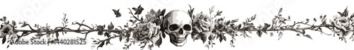Stylish Halloween tattoo banner featuring intricate skull designs surrounded by floral elements
