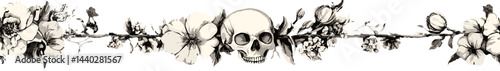 Spooky Halloween banner featuring skulls intertwined with floral elements, perfect for dark festivities
