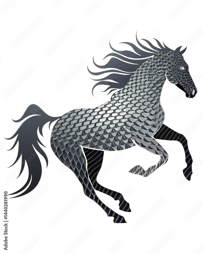 Dynamic Stylized Horse Illustration with Metallic Scaled Texture and Flowing Mane on White Background Dynamic Stylized Horse Illustration with Metallic Scaled Texture and Flowing Mane on White Background