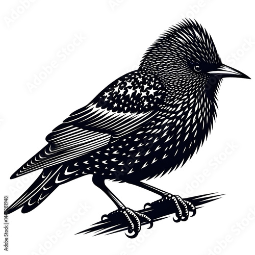 Starling bird sit in the tree brunch illustration vector