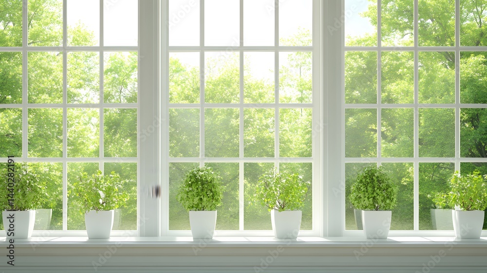 Sunlight streaming through window with potted plants Sunlight streaming through window with potted plants