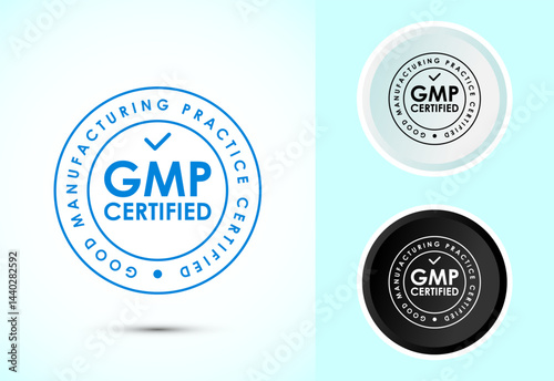 GMP certified icon design illustration. Good manufacturing practice label badge in color, black and white