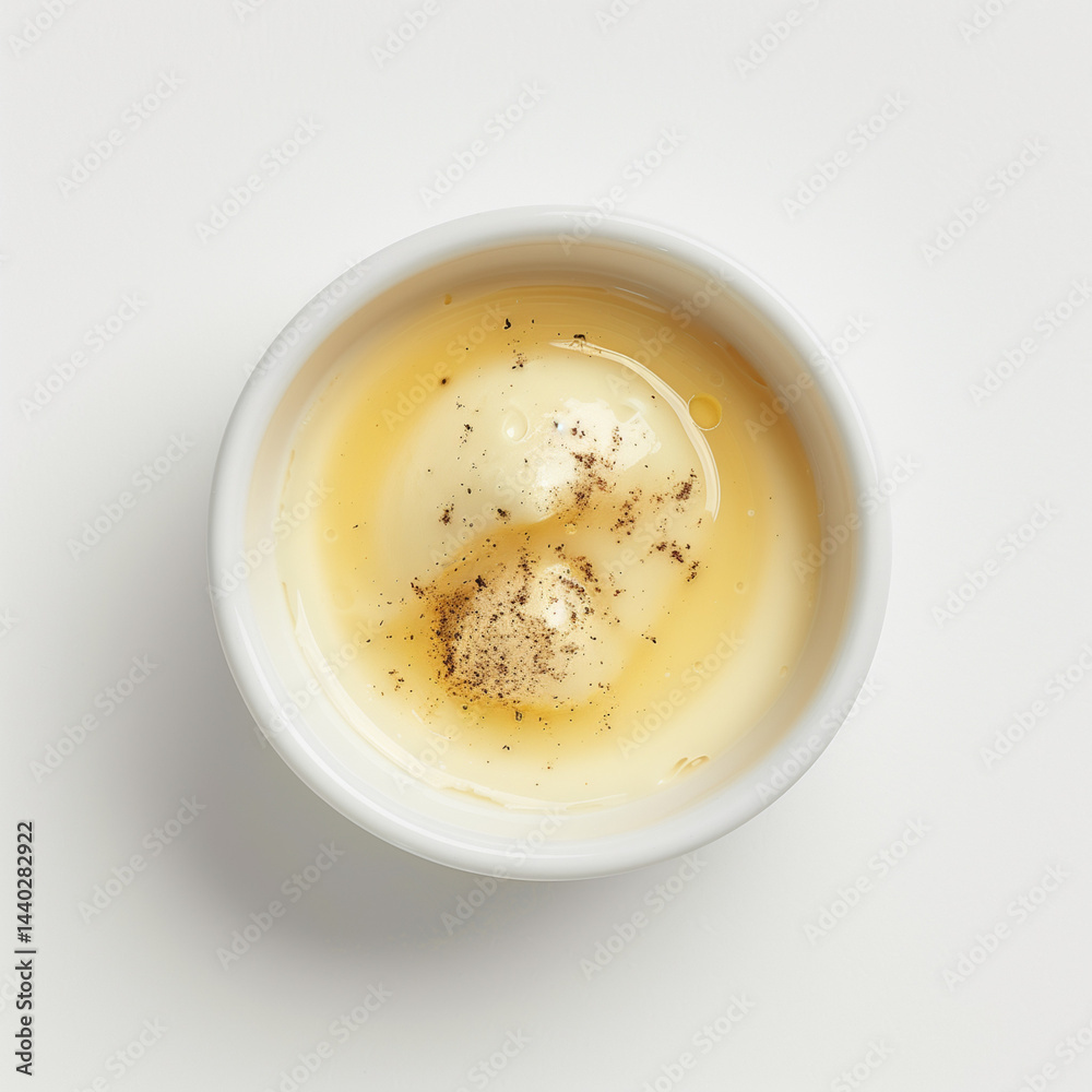 Top View of Vanilla Custard Portion in Small White Plate on White Background Top View of Vanilla Custard Portion in Small White Plate on White Background
