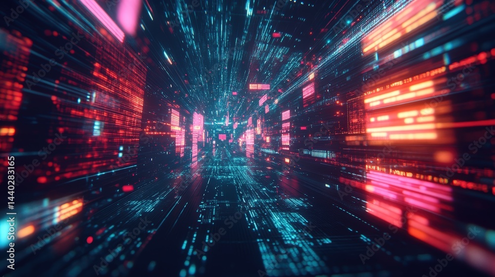 Fototapeta premium A futuristic digital tunnel filled with glowing data streams, representing technology, speed, and information flow , Social media influence marketing.