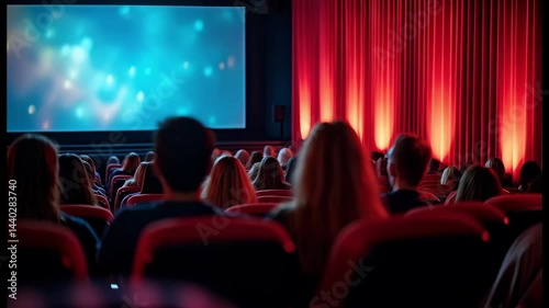 Audience watches an engaging film in a theater with colorful lights and large screen