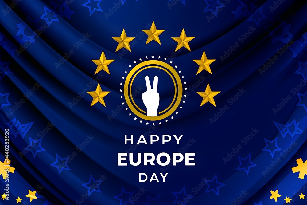 Happy Europe Day. Flag Europe, hand and star. Great for posters, banners, social media and more. Blue background