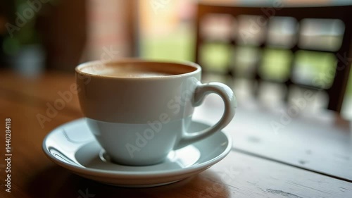 Enjoying a warm cup of coffee at a cozy cafe table surrounded by natural light on a relaxing afternoon