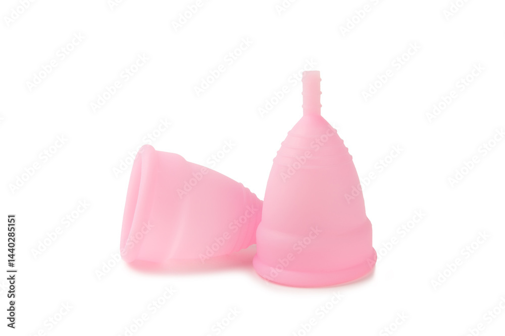 Menstrual cup isolated on white background. Sanitary napkins, tampons and menstrual cup. Concept of critical days, menstruation.feminine hygiene product. Women health concept.Premenstrual syndrome.