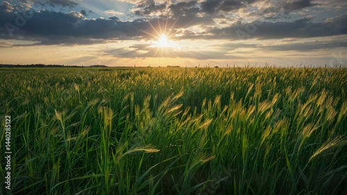 Golden sunset over a green field with tall grass swaying gently in the breeze during late afternoon