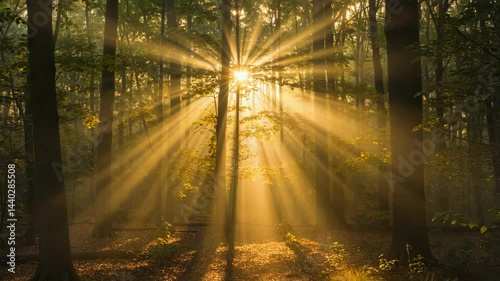 Sunlight filters through trees in a serene forest during early morning hours