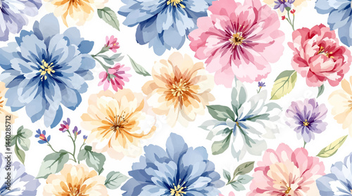 Seamless floral pattern, watercolor background pattern color flowers on white background