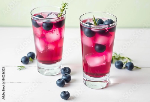 Wallpaper Mural Two glasses of arctic blueberry rosemary liquor with ice, on white wood, pastel green background, blue, fresh Torontodigital.ca