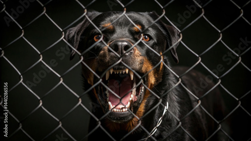 A Rottweiler is seen barking loudly while confined behind a chain-link fence. This powerful dog expresses its protective nature and urges for attention from potential adopters at a shelter