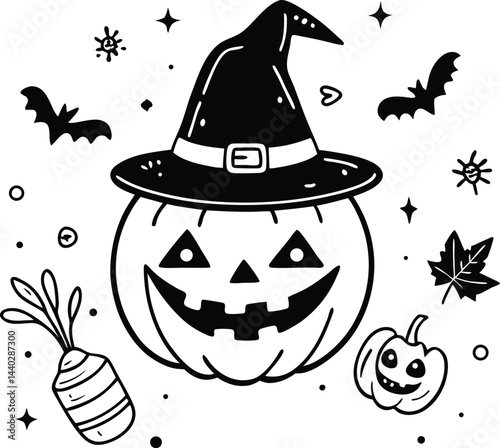 A spooky Halloween illustration features a cartoon witch with a hat near an orange pumpkin, a black cat, bats, and ghosts under a spooky moon, perfect for a scary autumn holiday celebration