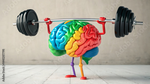 A vibrant, multicolored brain figurine lifts a barbell overhead, showcasing a unique blend of creativity and fitness. This artistic representation encourages mental and physical wellness