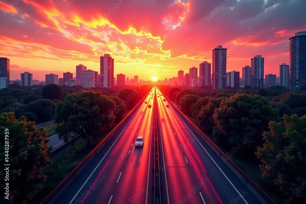 Fototapeta premium Urban cityscape with streaks of light on highway at sunset, transportation, dusk, light trails