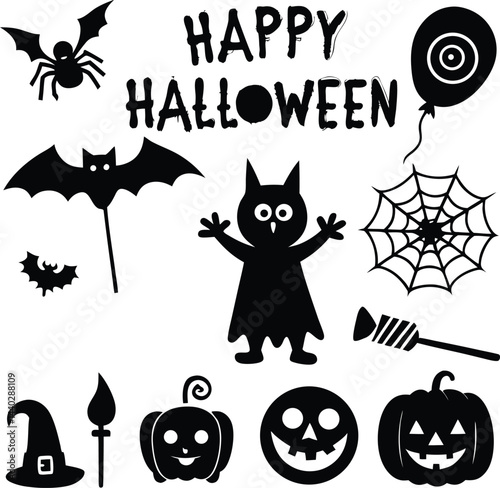 This spooky Halloween vector set features a collection of cartoon icons and silhouettes including a pumpkin, bat, cat, witch, ghost, spider, skull, and other holiday elements for a spooky night design