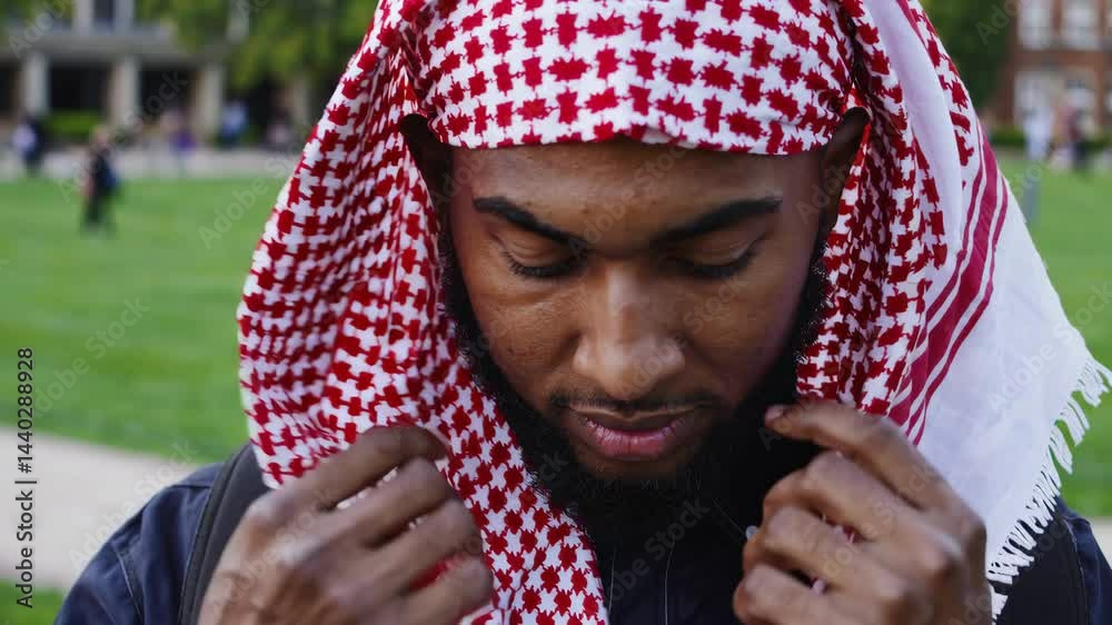 Confident man adjusting red keffiyeh outdoors at park