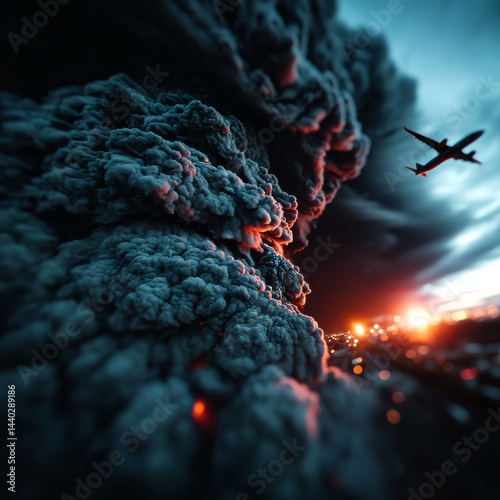 Dramatic volcanic eruption with lava bursting and plane narrowly escaping ash plume