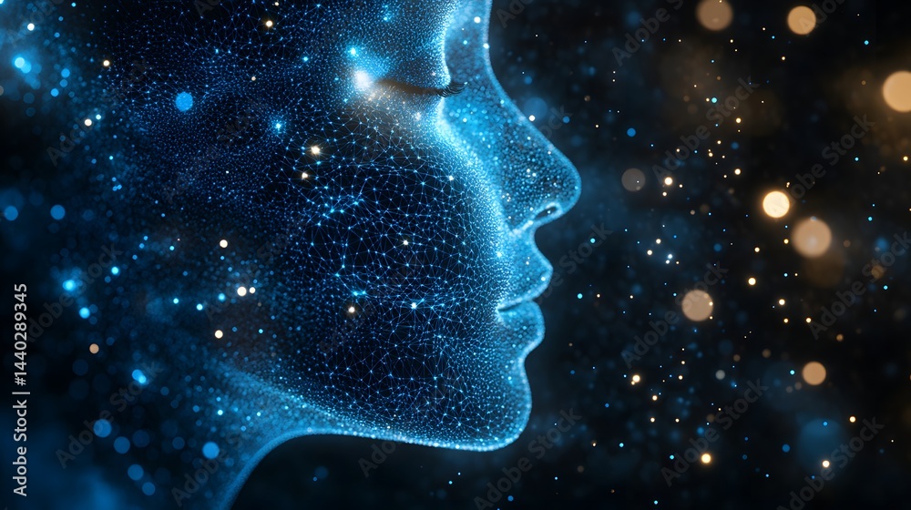 Futuristic face profile depicted with interconnected blue dots and lines, set against a dark backdrop with bokeh lights. A technological and ethereal digital portrait. Abstract wireframe in dark blue Futuristic face profile depicted with interconnected blue dots and lines, set against a dark backdrop with bokeh lights. A technological and ethereal digital portrait. Abstract wireframe in dark blue