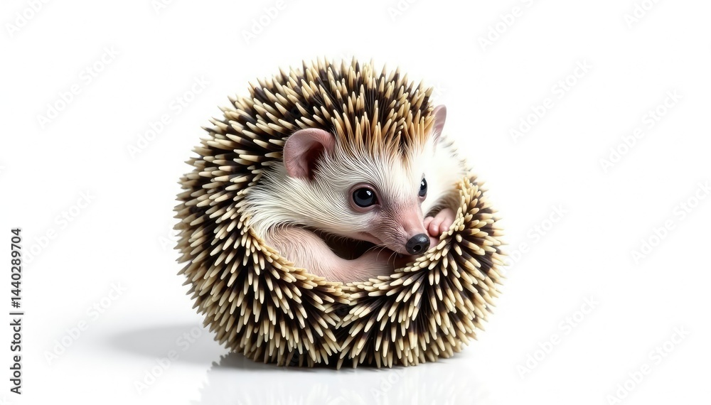 Obraz premium Tiny hedgehog curled in a ball, isolated on pure white background, animal, nature photography