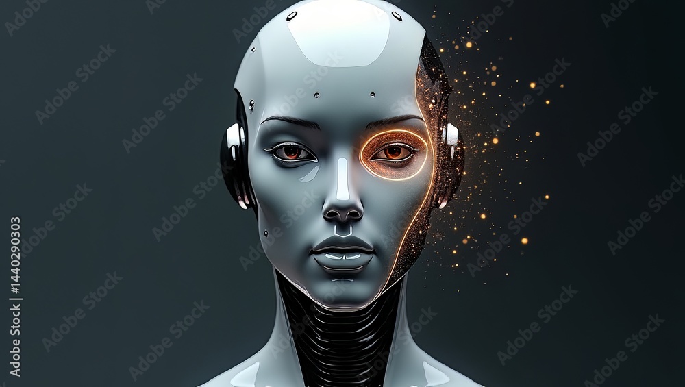 Futuristic Female Robot Face with Glowing Particles Futuristic Female Robot Face with Glowing Particles